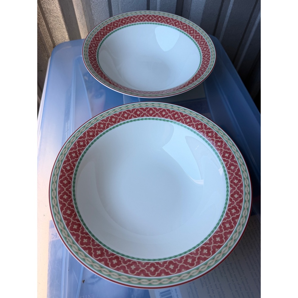 Fitz and Floyd Sonoma Pasta Bowls Classic Choices Red Green Geometric Set of 2